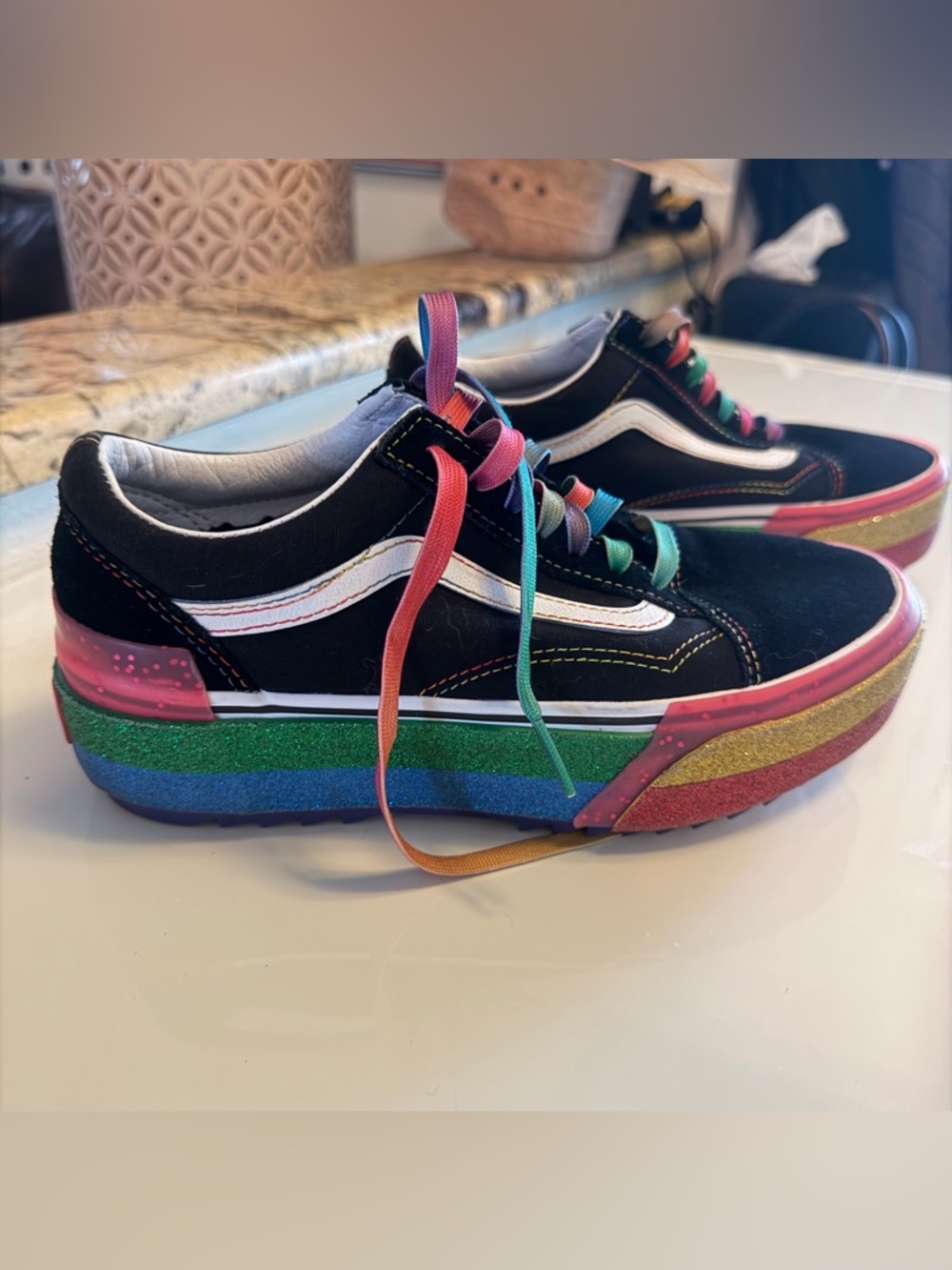 Vans Black Sneakers with Rainbow Laces and Pink Gold Accent - Picture 3 of 14